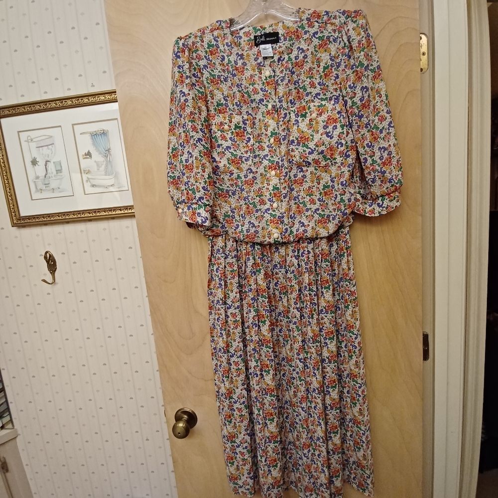 Vintage Breli floral Cream Button Pleated cottagecore Maxi Dress 10